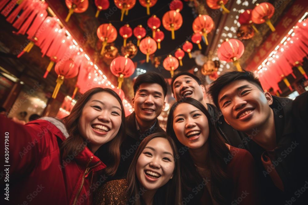 Vibrant Chinese New Year Festivities Shared by Energetic and Happy Friends. China Festive Celebration - obrazy, fototapety, plakaty 