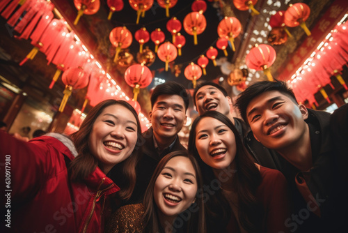 Vibrant Chinese New Year Festivities Shared by Energetic and Happy Friends. China Festive Celebration