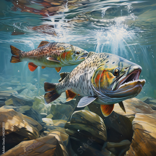 Fish swimming through shallow lake water, underwater painting style art. Generative AI