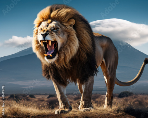 Lion standing on savannah background scene of Mount Kilimanjaro 
