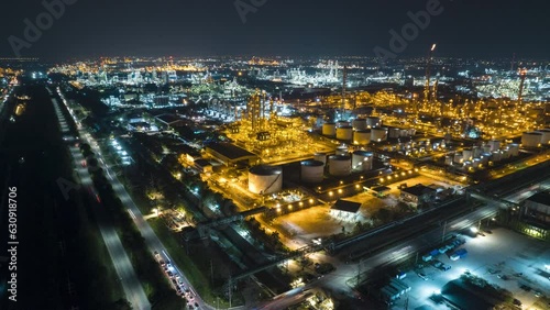 Drone Hyperlapse time lapse of petroleum oil refinery in industrial estate at night, drone aerial view. petrochemical factory industry, or environmental air pollution.