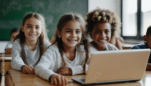 Smiling children with laptop in multiracial classroom