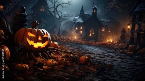 Halloween decoration background with light, pumpkin and cemetery.