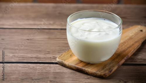 Kefir, buttermilk or yogurt in glass on wooden desk