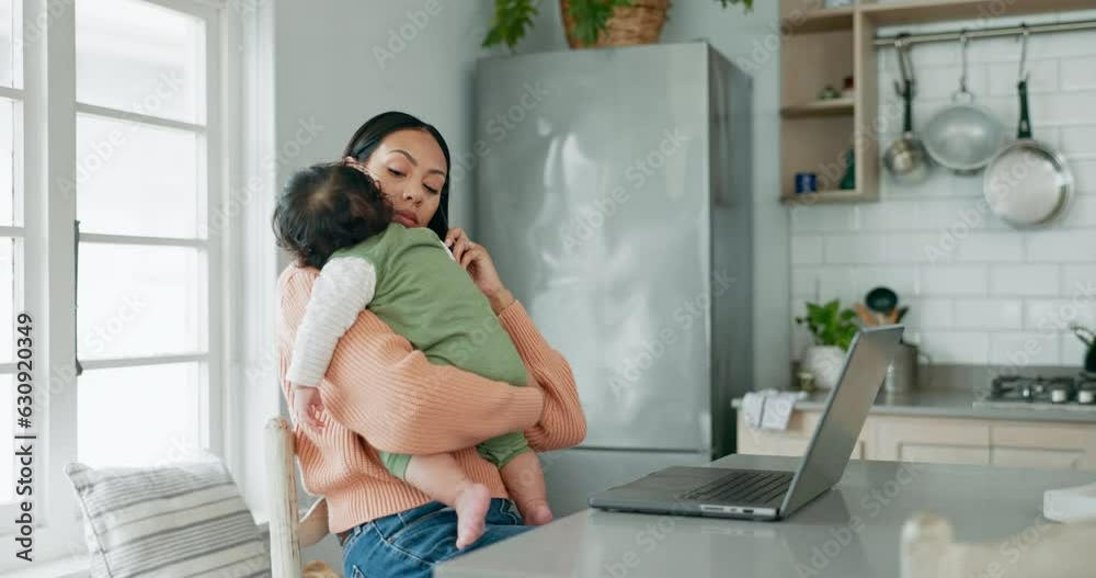 Phone call, remote work and a mother holding her baby in the living room of her home while working as a freelance entrepreneur. Laptop, startup and single parent with her infant child in the kitchen Phone call, remote work and a mother holding her baby in the living room of her home while working as a freelance entrepreneur. Laptop, startup and single parent with her infant child in the kitchen