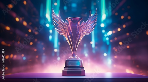 Winner trophy with bird wing on a stage at studio illuminated by neon lights for E-Sport or Metaverse.