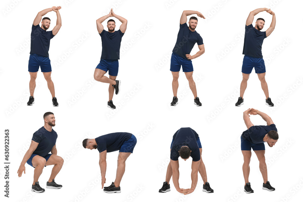 Young man doing morning exercises on white background, collage design Young man doing morning exercises on white background, collage design