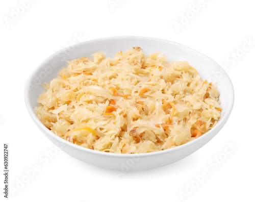 Bowl with tasty sauerkraut isolated on white