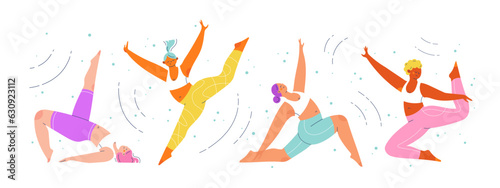 Group of diverse women characters in various dynamic dancing poses. Flat colorful people vector illustration.
