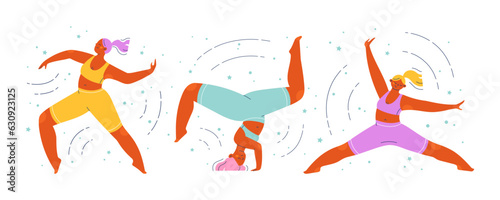 Group of colorful cartoon women characters in various dynamic dancing poses. Flat colorful people vector illustration.
