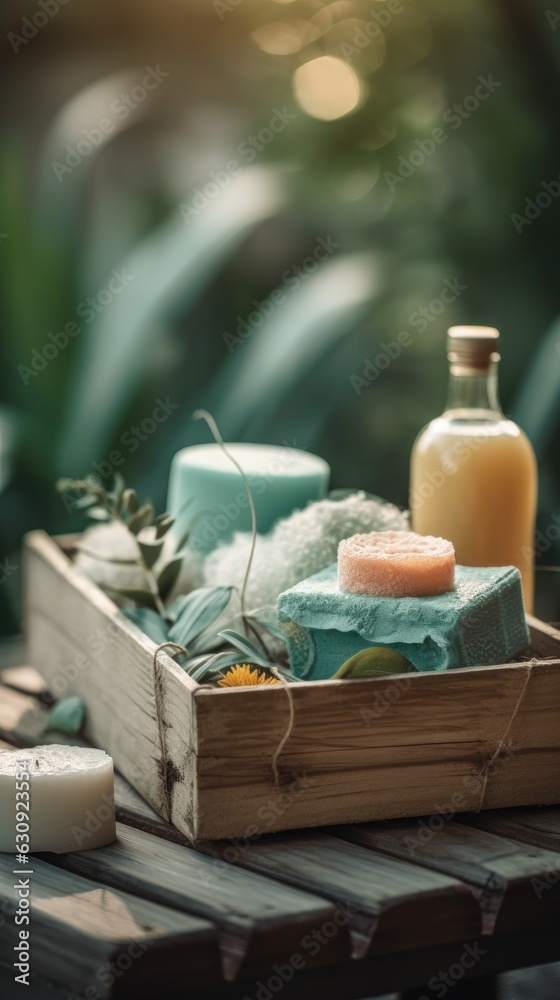 Spa still life with spa products, nature background. Generative AI.