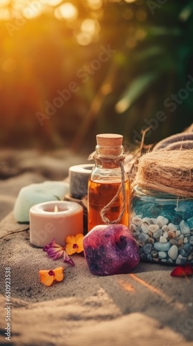 Spa still life with spa products  nature background. Generative AI.
