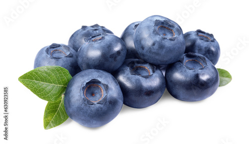 Pile of fresh ripe blueberries and leaves isolated on white