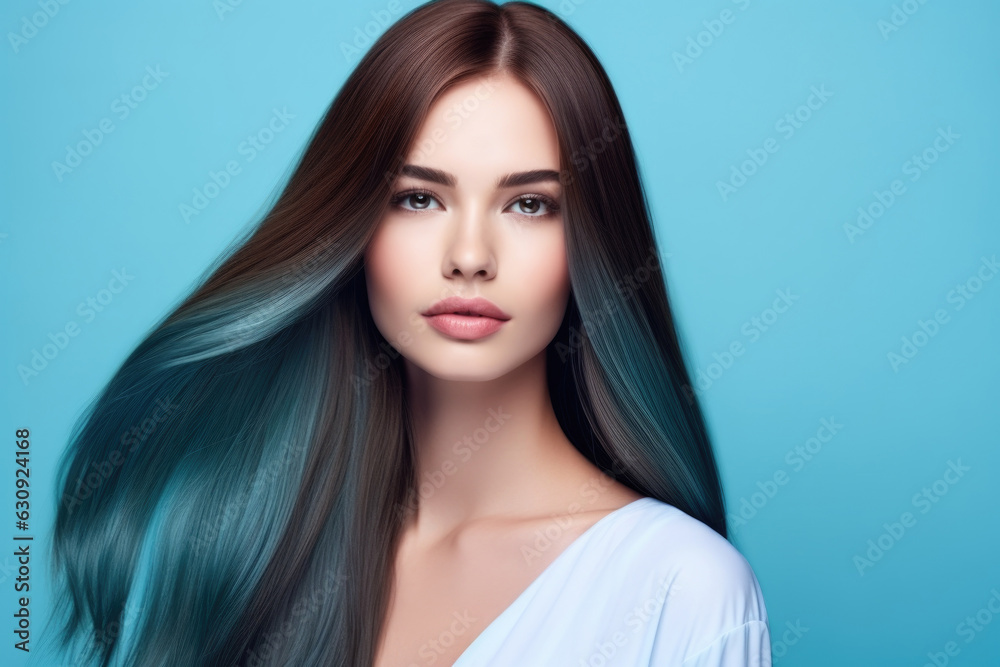 Naklejka premium Beautiful woman with long straight flowing hair on blue background Generative AI