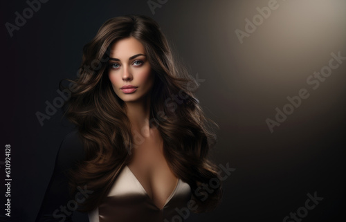 Beautiful woman with long straight hair on black background Generative AI