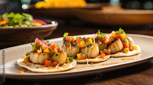 Seafood Taco Extravaganza: Miami's Trendiest Rooftop Taquería Offers an Array of Culinary Creations, Including Seared Scallops Adorned with Mango Salsa, Microgreens, and a Zesty Citrus Vinaigrette.