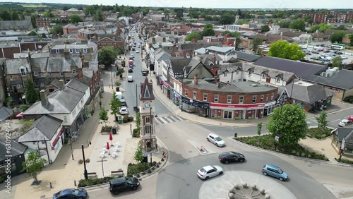 Ascending drone,aerial  High street Newmarket town Suffolk UK photo