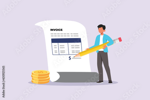 Freelancer filling invoice, distance job payroll, money transfer online, remote work payment, get salary on bank account concept. Colored flat vector illustration isolated. 