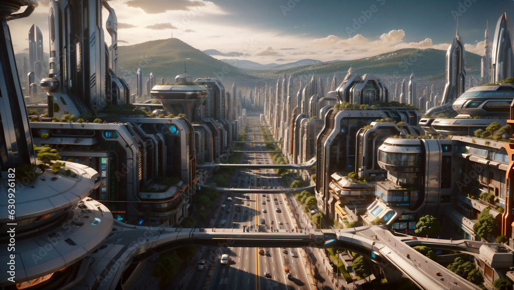 Fototapeta premium Futuristic city good natural environment natural energy solar wind blue sky