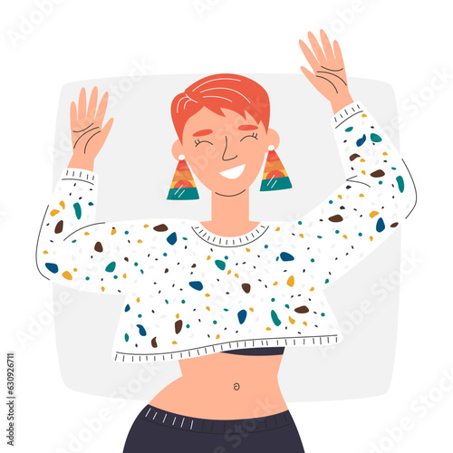 Handsome red haired woman in sweatshot with terrazzo pattern. Dancing female character. Happy girl moving her body. Cool and positive self love. Enjoying personage hand drawn flat vector illustration photo