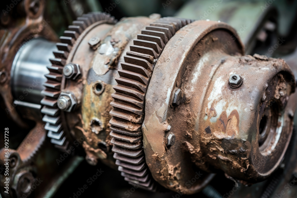 An up-close view of an old, battered gearbox reveals its history and battle scars An up-close view of an old, battered gearbox reveals its history and battle scars