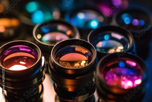 Stunning colors and reflections in a macro shot of microscope lenses