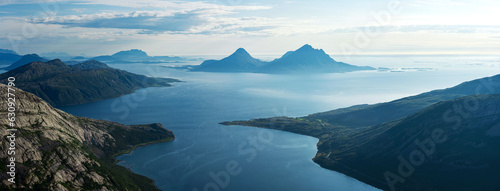 Panorama of Tomma mountain island in Norwegian archipelago coastline of Helgeland. Smaltinden view, Luröy, Nordnorge. Norway mountains in the summer. High resolution beautiful Norway. Fjelltur Norge © Pavel