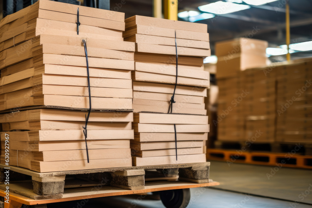 a close-up shot of a pallet jack's fork lifting a wooden pallet with stacked boxes in a busy warehouse a close-up shot of a pallet jack's fork lifting a wooden pallet with stacked boxes in a busy warehouse