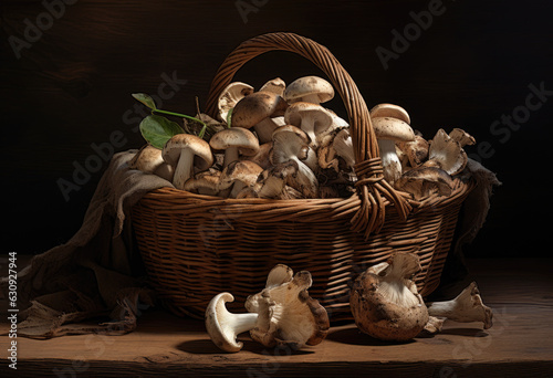 Harvest of the Forest: A Basket of Assorted Mushrooms Gracefully Arranged on a Wooden Table.