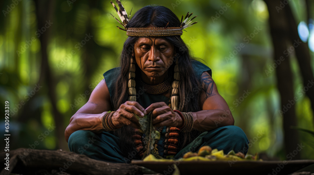 Journey with the Forest Guardian. Serene Exploration of the Amazon Rainforest Guided by an Indigenous Man with Feather Crown. Cultural Adventure AI Generative