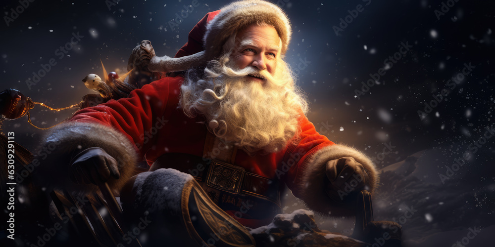 Friendly and smiling Santa Claus in his sleigh guided by enchanted reindeer on Christmas night.