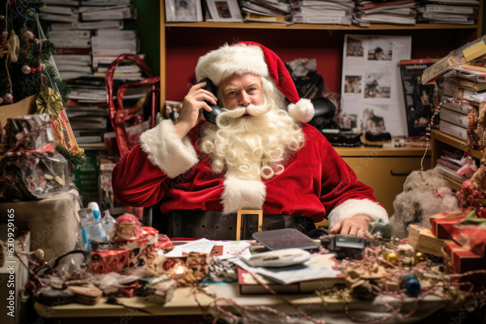 Chaotic Christmas Wishlist. Santa Claus in Panic amidst a Sea of Gift Requests and Letters. Overwhelmed Office AI Generative