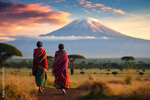 Portrait of a Maasai women with traditional jewelry walking towards mount Kilimanjaro  photo