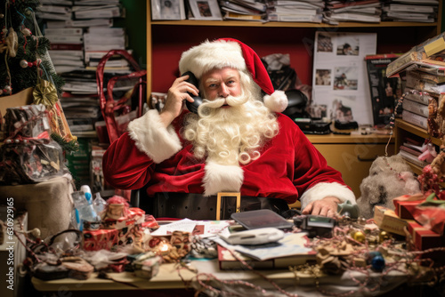 Chaotic Christmas Wishlist. Santa Claus in Panic amidst a Sea of Gift Requests and Letters. Overwhelmed Office AI Generative