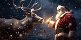 Friendly and smiling Santa Claus feeding his enchanted reindeer with energy on Christmas night.
