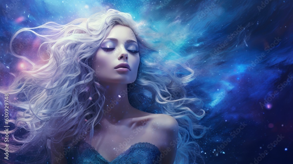 Illustration of woman sleeping and dreaming. Psychic girl considers mind and heart, spirituality, esotericism. Psychic waves concept, Generative AI illustration