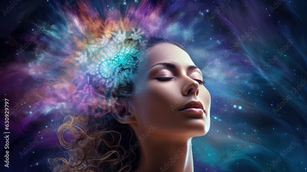 Illustration of woman sleeping and dreaming. Psychic girl considers mind and heart, spirituality, esotericism. Psychic waves concept, Generative AI illustration