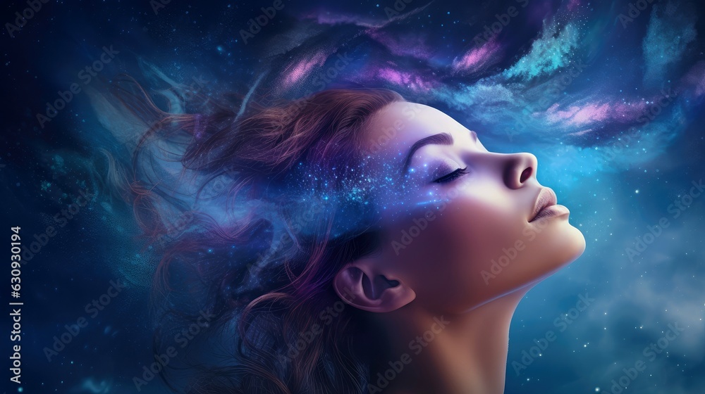 Illustration of woman sleeping and dreaming. Psychic girl considers mind and heart, spirituality, esotericism. Psychic waves concept, Generative AI illustration