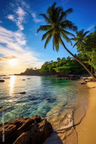 Tranquility on a Remote Island with Crystal-Clear Waters and Palm Trees. Solitude and Relaxation. wallpaper