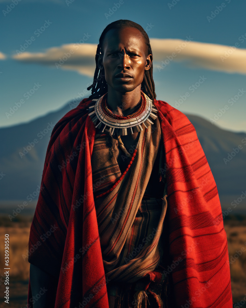 Portrait of a Maasai man with traditional jewelry and warrior shield in the backdrop of Mount Kilimanjaro