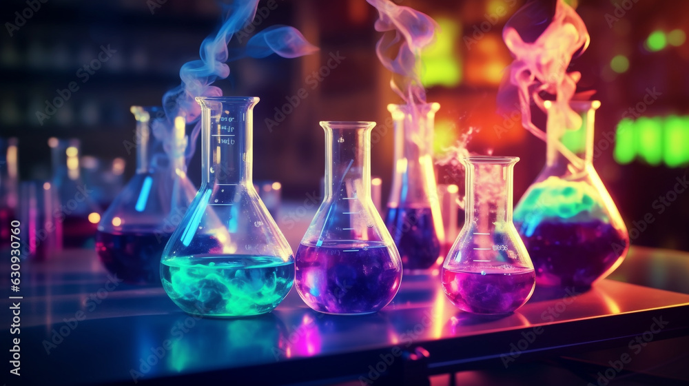 abstract background with glass test tubes and flasks on neon light during experiments in the laboratory. Generative Ai. abstract background with glass test tubes and flasks on neon light during experiments in the laboratory. Generative Ai.