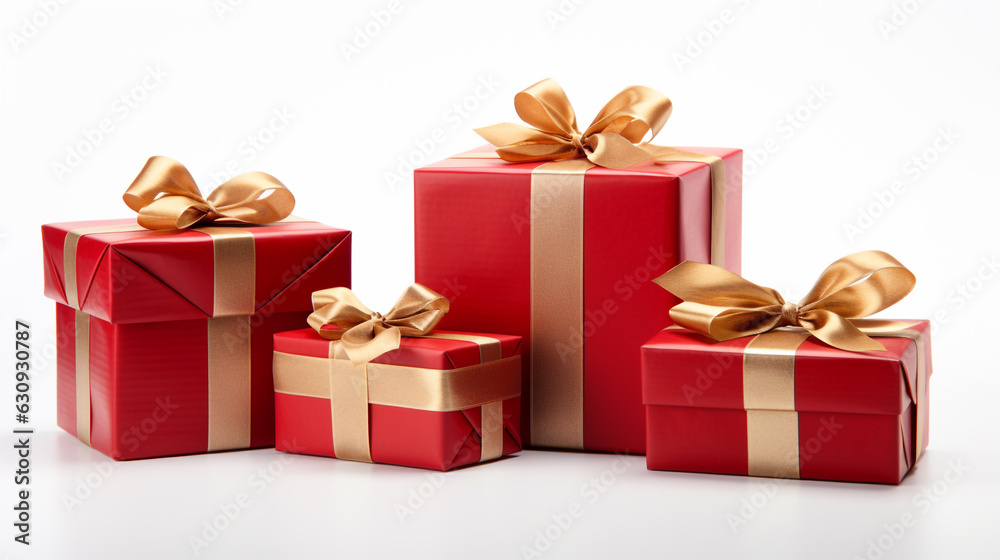 red gift boxes tied with gold ribbon. Generative Ai. red gift boxes tied with gold ribbon. Generative Ai.