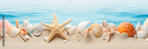 starfish shells on the sand against the backdrop of the ocean. Generative Ai. 