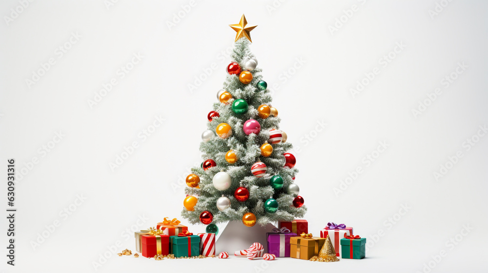 beautifully decorated Christmas tree with gifts on a white background. Generative Ai. beautifully decorated Christmas tree with gifts on a white background. Generative Ai.