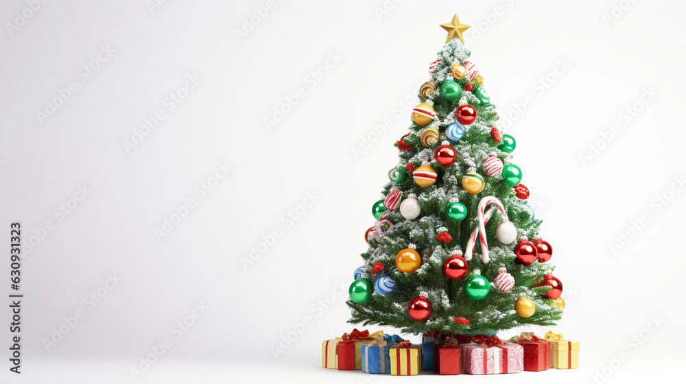 decorated Christmas tree with gifts on a white background with empty space to insert. Generative Ai. decorated Christmas tree with gifts on a white background with empty space to insert. Generative Ai.