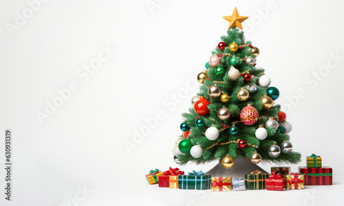 decorated Christmas tree with gifts on a white background for your design. Generative Ai. 