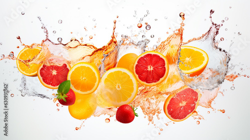 bright abstract background with fruits bathing in water with splashes. Generative Ai. 