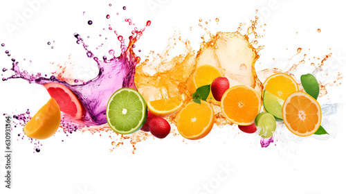 fruits are bathed in orange juice with splashes. Generative Ai. 