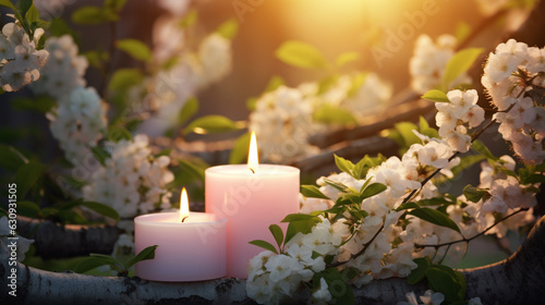 blooming sakura with candles at sunset. Generative Ai. 