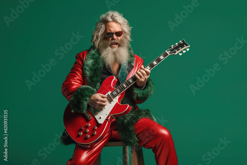 Rockstar Santa Claus playing the electric guitar while wearing sunglasses. Isolated on a green background. Christmas